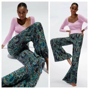 Zara Paisley Print Blue & Purple Flared Flowy High Waist Pants
